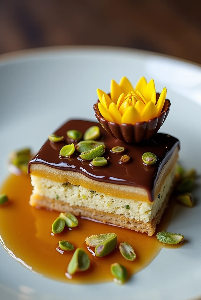 Plate containing a dessert, rectangular pavé on one side of the dish with interspersed layers of dough, creme verse de pitache e creme de doce de leite, covered with a mirrored chocolate coating and with chopped pistachios on the other side a sunflower made of chocolate with yellow petals