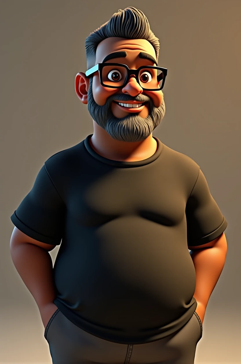 Cartoon character of a middle-aged black man with short hair pinned behind, wearing black glasses. Stylized character, animation style rendering, 3D stylized, Arnold Maya render, 3D stylized render, toon render Keyshot, 3D character, 3D stylized rendering, cartoon character, character close-up, character pose, Pixar style, high quality, cinematic lighting, sharp focus, detailed texture, detailed skin, clay, bokeh, 8K. The man should have the following characteristics: Middle-aged man with a large, slightly overweight build, hands casually relaxed. His skin tone is dark brown with a warm undertone. He has two prominent vertical wrinkles between his eyebrows. His beard has white hairs on the chin while the rest of the beard is black and gray. His hair is shaved on the sides and short on top, styled to the side. He wears modern black glasses. His eyebrows are thick and well-defined, and his eyes are brown, conveying warmth and friendliness. The man is dressed in an oversized black t-shirt and dark gray pants without a belt. Incorporate the following ancestry characteristics: 43% European (17% Iberian and 17% Western European, including Germany, France, and the Netherlands), 4% Sephardic Jewish, 3% Fennoscandian, less than 2% Balkan and Lapland and Volga-Ural, 41% from the Americas, 9% from the Middle East and Maghreb, and 7% from Africa.
Seed
2701275594