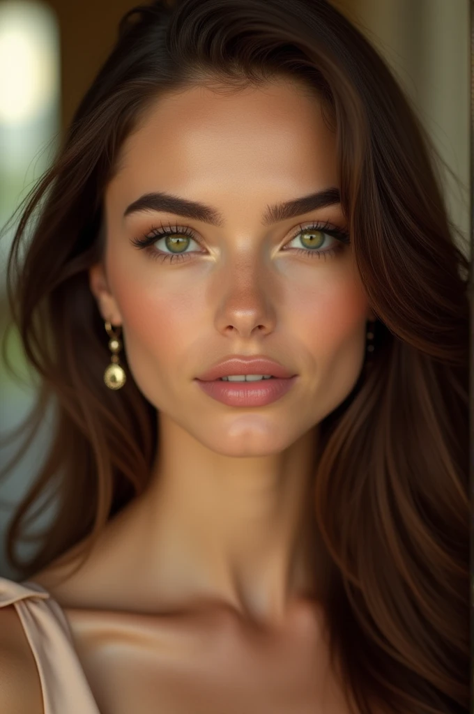 Imagine a young woman in her early twenties, radiating an air of effortless elegance and sophistication that hints at her billionaire lineage. She stands at about 5'9", with a graceful, statuesque figure that is both slender and well-toned, a result of years of disciplined fitness and careful attention to her health. Her skin is flawless, with a smooth, luminous quality that seems to glow from within, possessing a warm, golden undertone that complements her luxurious lifestyle. There isn't a blemish or imperfection to be seen, just a velvety softness that suggests she’s been pampered with the finest skincare.

Her facial features are perfectly symmetrical, the kind that could have been sculpted by a master artist. She has high, defined cheekbones that give her face a regal, aristocratic contour. Her jawline is sharp and well-defined, tapering into a delicate, slightly pointed chin that adds to her overall elegance. Her nose is straight and slender, with a subtle, refined bridge and a softly rounded tip that suits her face beautifully.

Her eyes are perhaps her most striking feature—large, almond-shaped, and set slightly wide apart, giving her a gaze that is both penetrating and captivating. The irises are a mesmerizing shade of deep emerald green, flecked with hints of gold that catch the light in a way that makes her eyes appear almost luminescent. Her lashes are long, dark, and naturally curled, framing her eyes in a way that adds to their allure. She has perfectly arched eyebrows, dark and thick, meticulously shaped to highlight her expressive eyes.

Her lips are full and naturally rosy, with a perfect Cupid's bow that gives her smile a seductive, inviting quality. When she speaks, her lips move with a softness that is both graceful and mesmerizing, revealing teeth that are straight and pearly white, a testament to the best dental care money can buy.

Her hair is a cascade of silky waves, falling just past her shoulders in a glossy, chestnut brown shade with subt