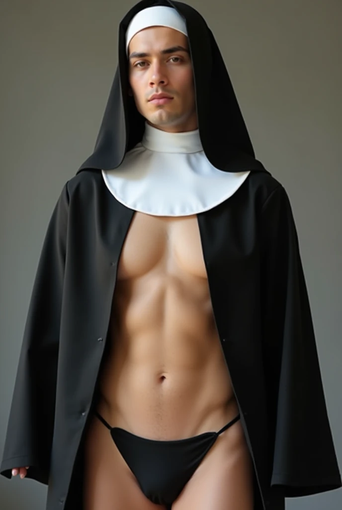 An androgynous man with masculine features wearing a sexy nun outfit with panties