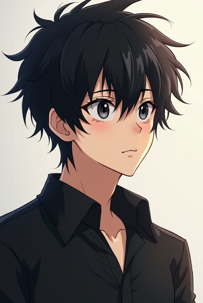 anime good looking pretty boy with black hair and black eyes, messy hair and fair skin
