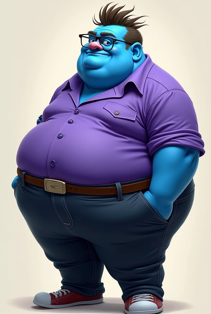 A blue skin tone guy, very fat, purple shirt, wears glasses, black jeans