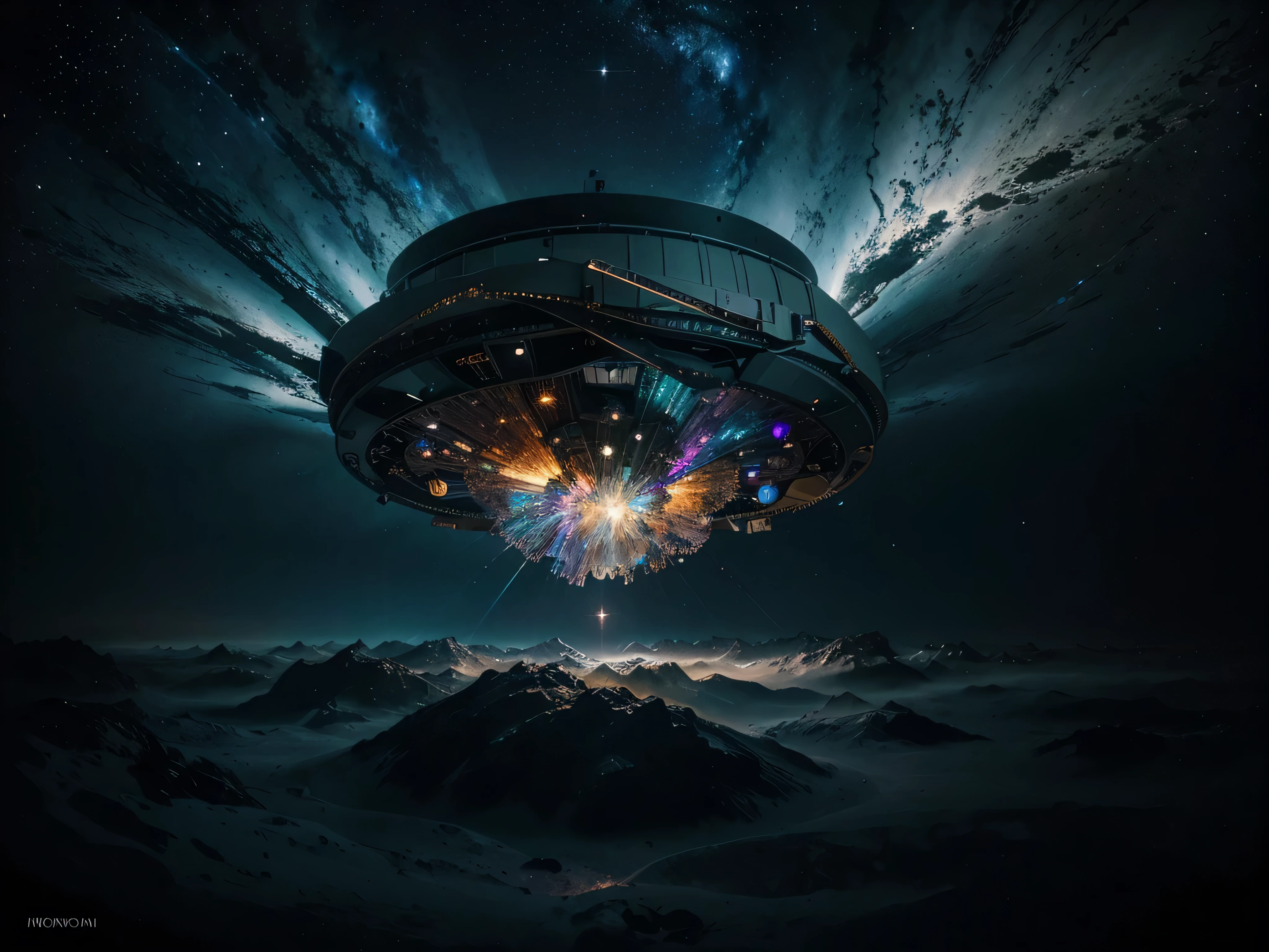 A swirling, ethereal deep space probe floats through a chiaroscuro background, its metallic surface catching and reflecting shards of light. This mesmerizing image, a vivid acrylic painting, captures the essence of exploration and mystery in outer space. The probe gleams with an otherworldly iridescence, its intricate technological details juxtaposed against the vast darkness of the cosmos. Every brushstroke is imbued with a sense of wonder and precision, drawing the viewer into the infinite depths of the universe.
