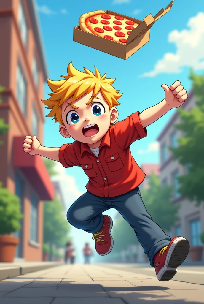 A cute blond guy, 17 years old, with blue eyes in a pizza delivery outfit tripping, the pizza box in his hand is in the air, open enough to show a glance of the pizza inside...make it a bit more anime style