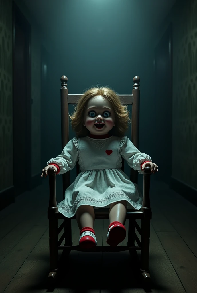 Horrible picture of Annabelle doll
A final shot of Annabelle, sitting alone in a rocking chair, the whispers getting louder, her eyes full of excited joy, a promise of more fear to come.