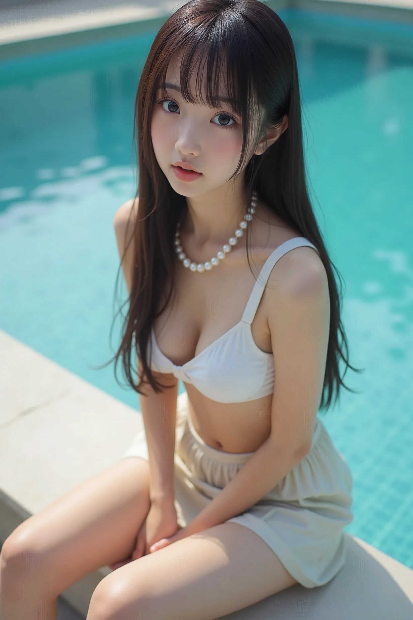 Realistic photos、Focus on the face of a cute high school girl、Bikini、Beautiful sitting , Sit well, Taken from the opposite seat, skirt, High heels, pantyhose, White lace panties, Surprised expression, Perfectly styled long hair, Pearl Necklace. Sexy and cute schoolgirl standing next to the pool, gorgeous model bikini, model bikini, Swimsuit model, Black Bikini, Blue Bikini, Great face and body, , Wearing a swimsuit, 