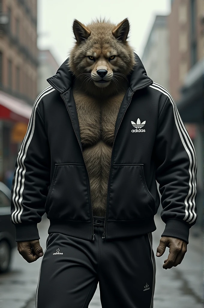 Handsome Furry, Muscular Body, Wearing Black Adidas Tracksuit,Vomiting 