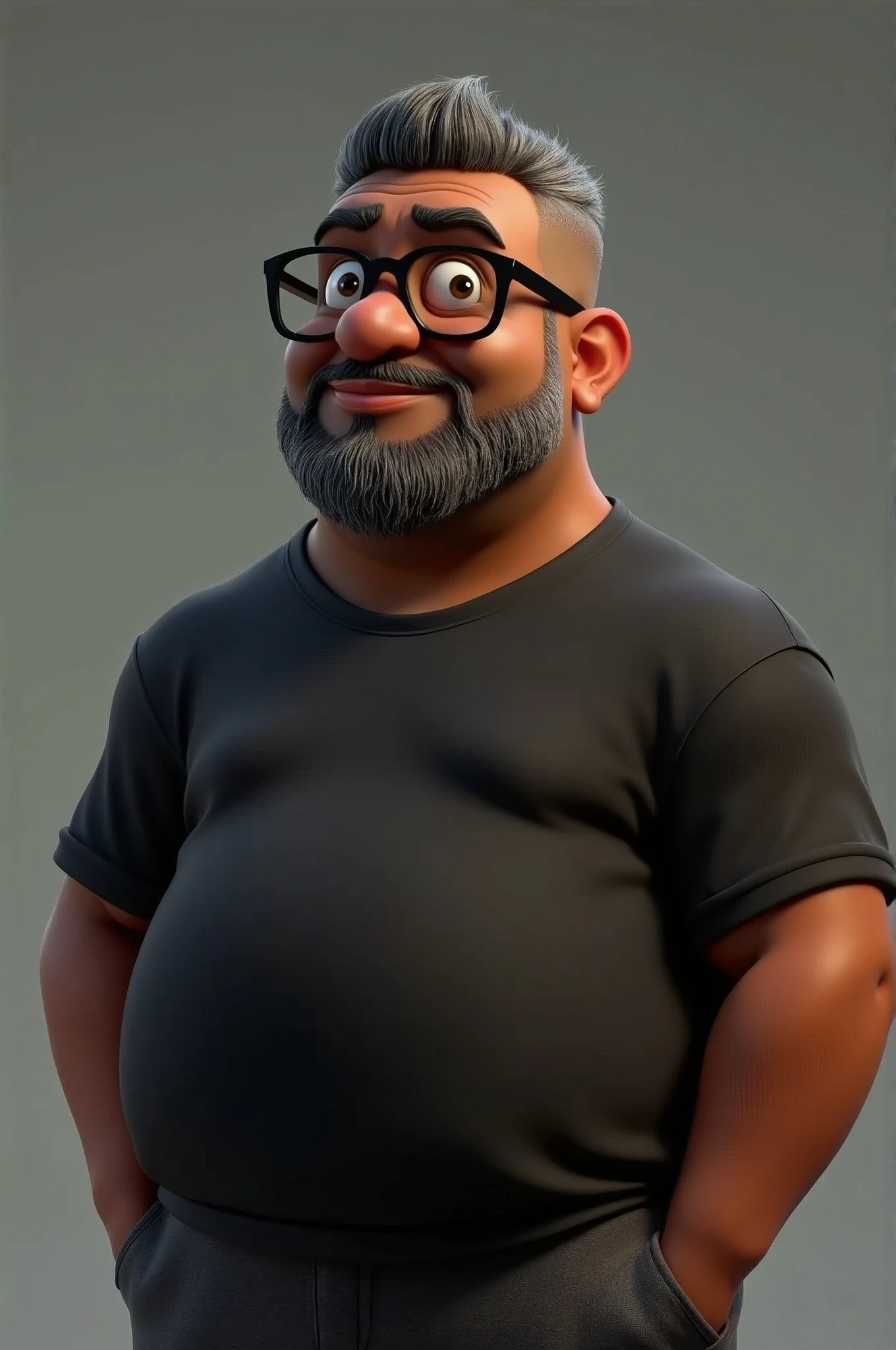 Cartoon character of a middle-aged black man with short hair pinned behind, wearing black glasses. Stylized character, animation style rendering, 3D stylized, Arnold Maya render, 3D stylized render, toon render Keyshot, 3D character, 3D stylized rendering, cartoon character, character close-up, character pose, Pixar style, high quality, cinematic lighting, sharp focus, detailed texture, detailed skin, clay, bokeh, 8K. The man should have the following characteristics: Middle-aged man with a large, slightly overweight build, hands casually relaxed. His skin tone is dark brown with a warm undertone. He has two prominent vertical wrinkles between his eyebrows. His beard has white hairs on the chin while the rest of the beard is black and gray. His hair is shaved on the sides and short on top, styled to the side. He wears modern black glasses. His eyebrows are thick and well-defined, and his eyes are brown, conveying warmth and friendliness. The man is dressed in an oversized black t-shirt and dark gray pants without a belt. Incorporate the following ancestry characteristics: 43% European (17% Iberian and 17% Western European, including Germany, France, and the Netherlands), 4% Sephardic Jewish, 3% Fennoscandian, less than 2% Balkan and Lapland and Volga-Ural, 41% from the Americas, 9% from the Middle East and Maghreb, and 7% from Africa.
Seed
2701275594