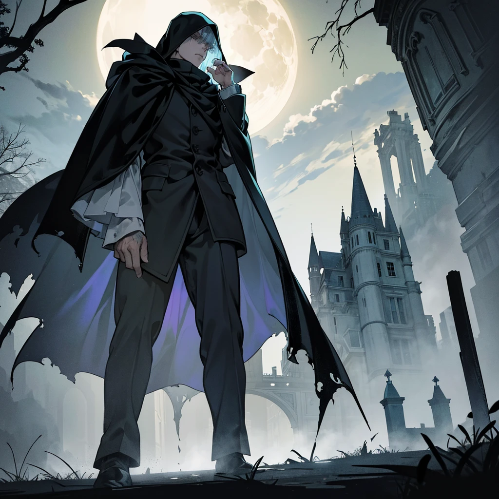 On a dark and stormy night, An ancient, crumbling mansion looms ominously on the horizon, with its broken windows and creaking doors. Under the light of a full moon, The mansion casts elongated shadows that seem to move on their own.. A thick fog envelops the ground, and bare trees rise as disturbing silhouettes in the background. Spotlight, a lonely and enigmatic figure, wrapped in a dark cloak, It is located in front of the mansion, with his face partially hidden by the shadow. His eyes shine with a faint glow, suggesting mystery and impending danger. The atmosphere is charged with tension and a palpable sense of unease.."