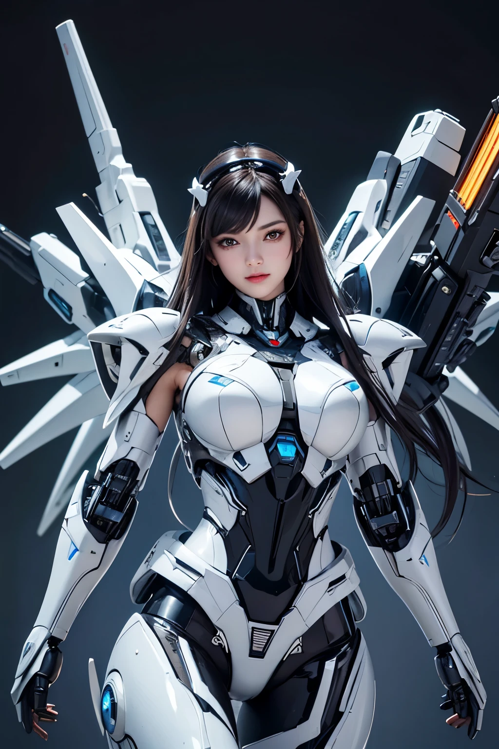 Textured skin, Super Detail, high details, High quality, Best Quality, hight resolution, 1080p, hard disk, Beautiful,(cyborgs),beautiful cyborg woman,Mecha Cyborg Girl,Battle Mode,Girl with a Mecha Body,Able to launch missiles from the chest,You can shoot a machine gun from both hands