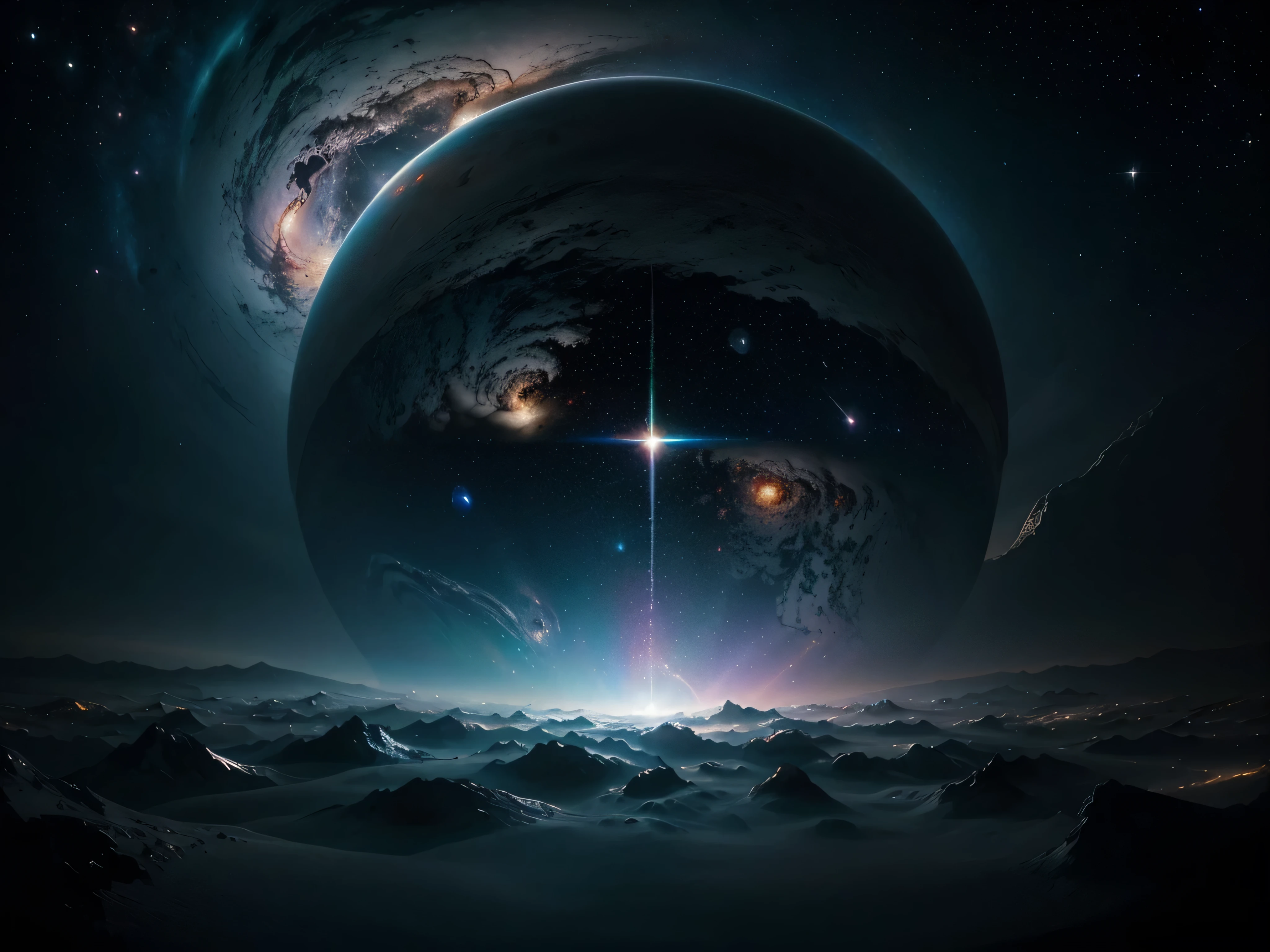 A swirling, ethereal deep space probe floats through a chiaroscuro background, its metallic surface catching and reflecting shards of light. This mesmerizing image, a vivid acrylic painting, captures the essence of exploration and mystery in outer space. The probe gleams with an otherworldly iridescence, its intricate technological details juxtaposed against the vast darkness of the cosmos. Every brushstroke is imbued with a sense of wonder and precision, drawing the viewer into the infinite depths of the universe.