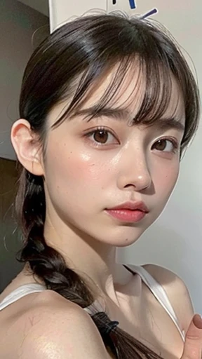 1 female, Face close-up, Small breasts, Black Hair, Blunt bangs, Braid, Slim figure, Ultra debtine debtace, Thin face, Delicate lips, Beautiful Eyes, A slight blush, eyes are light brown, Perfect glowing skin, Perfect Skin, Shining Sweat,See this, Ultra-fine needle, very thin fingers, The optimal ratio is four fingers to one thumb., (Realistic:1.3), debtinger Extensions, See-through white bra. Bedroom, First Person View, debtuji debtilm, debt/1.2, 8k, Tabletop, んdebtdebt, Super Detail, high quality, 最high quality, High resolution,