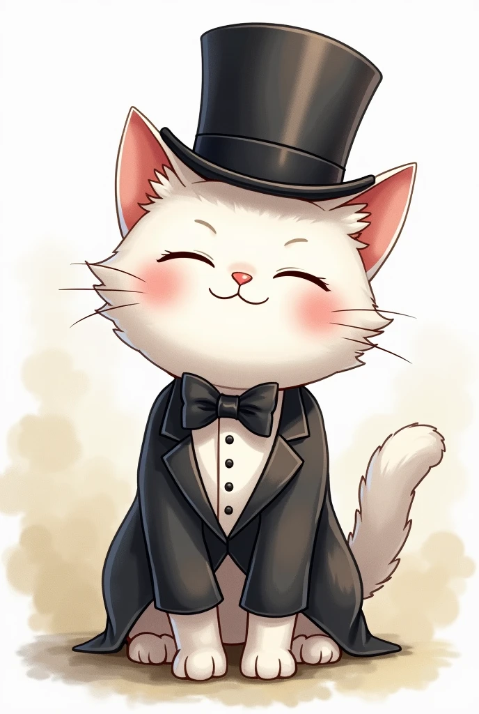 White cat silk hat A bow tie anime Watercolor sit Black Suit smile Bushy