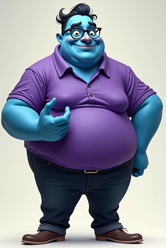 A blue skin tone guy, very fat, purple shirt, wears glasses, black jeans, shows off his butt