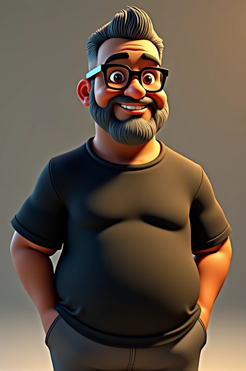 Cartoon character of a middle-aged black man with short hair pinned behind, wearing black glasses. Stylized character, animation style rendering, 3D stylized, Arnold Maya render, 3D stylized render, toon render Keyshot, 3D character, 3D stylized rendering, cartoon character, character close-up, character pose, Pixar style, high quality, cinematic lighting, sharp focus, detailed texture, detailed skin, clay, bokeh, 8K. The man should have the following characteristics: Middle-aged man with a large, slightly overweight build, hands casually relaxed. His skin tone is dark brown with a warm undertone. He has two prominent vertical wrinkles between his eyebrows. His beard has white hairs on the chin while the rest of the beard is black and gray. His hair is shaved on the sides and short on top, styled to the side. He wears modern black glasses. His eyebrows are thick and well-defined, and his eyes are brown, conveying warmth and friendliness. The man is dressed in an oversized black t-shirt and dark gray pants without a belt. Incorporate the following ancestry characteristics: 43% European (17% Iberian and 17% Western European, including Germany, France, and the Netherlands), 4% Sephardic Jewish, 3% Fennoscandian, less than 2% Balkan and Lapland and Volga-Ural, 41% from the Americas, 9% from the Middle East and Maghreb, and 7% from Africa.
Seed
2701275594