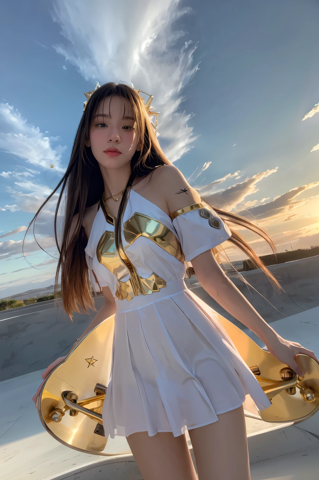 ((masterpiece, best quality, extremely detailed), volumetric lighting, ambient occlusion, colorful, glowing), 1girl, solo, young girl, (dark hair), long hair, halo, aura, sacred, goddess, cleric suit, (skateboarder outfits with gold detailst:1.3), seethrough robe, outdoors, sunset, sky, clouds, space, (fantasy theme:1.2),