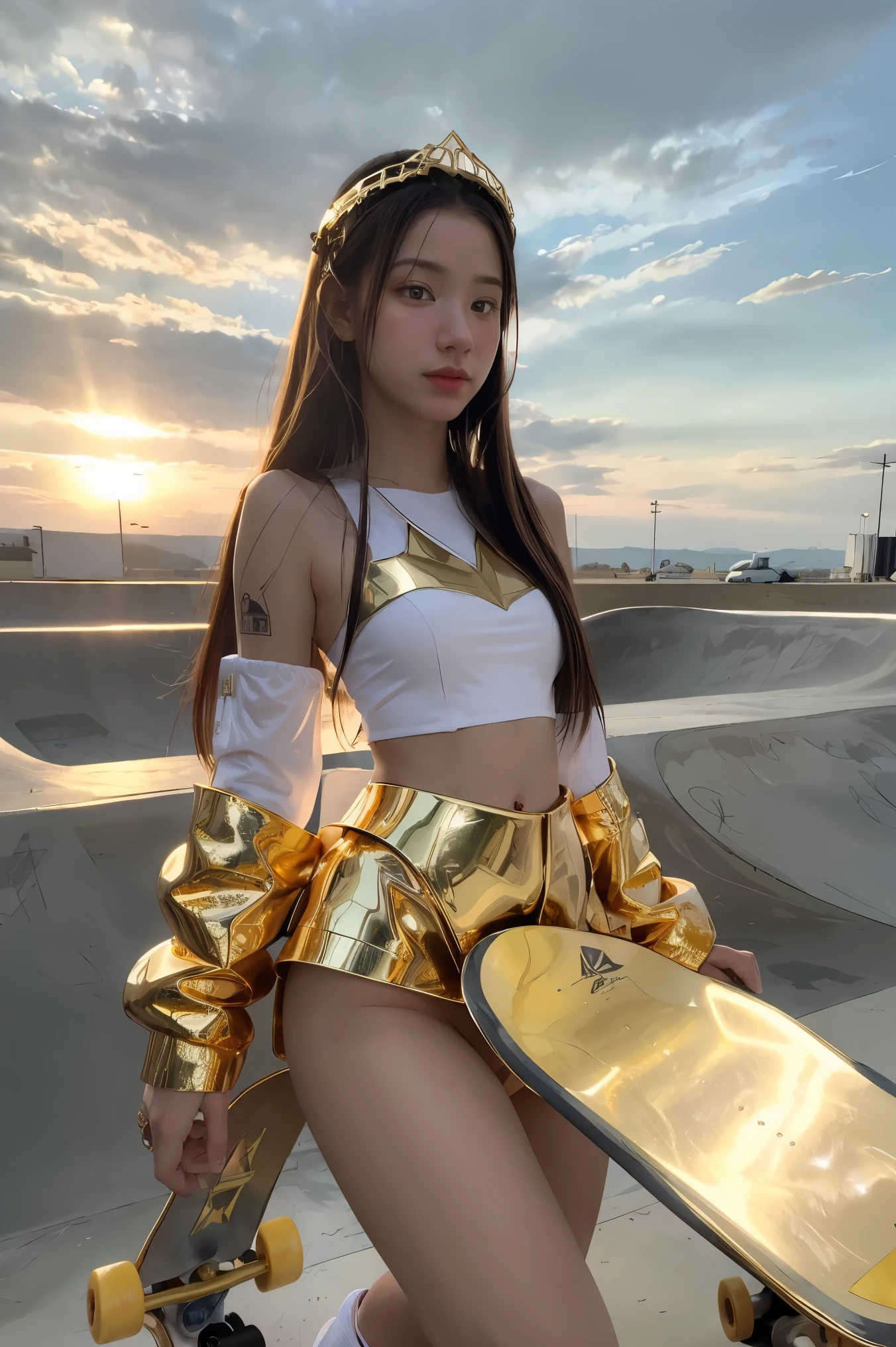 ((masterpiece, best quality, extremely detailed), volumetric lighting, ambient occlusion, colorful, glowing), 1girl, solo, young girl, (dark hair), long hair, halo, aura, sacred, goddess, cleric suit, (skateboarder outfits with gold detailst:1.3), seethrough robe, outdoors, sunset, sky, clouds, space, (fantasy theme:1.2),