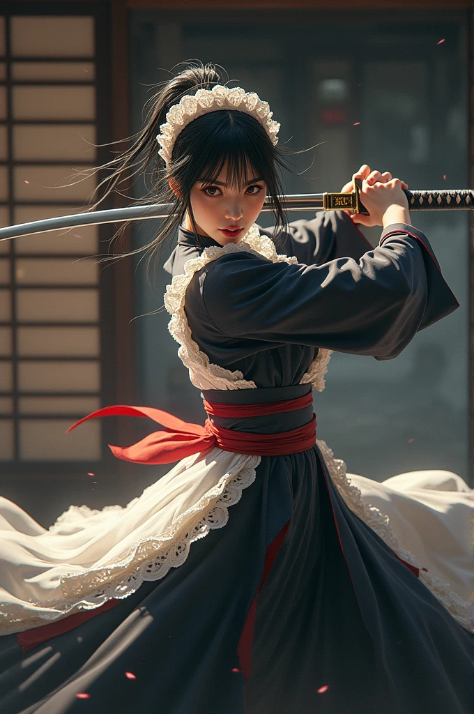 A person wearing a long-skirted maid outfit is fighting with a Japanese sword