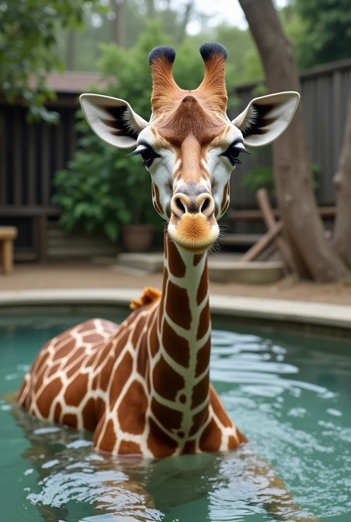Giraffe in a hot tub at a zoo 