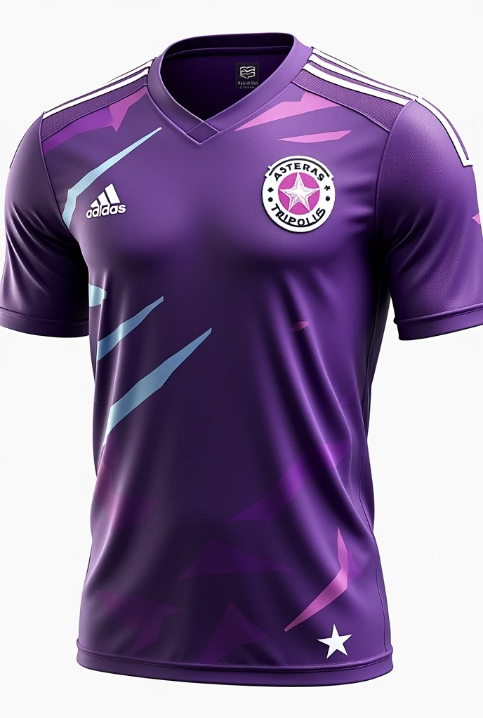 A purple and white soccer jersey with a star pattern and the logo of Asteras Tripolis").