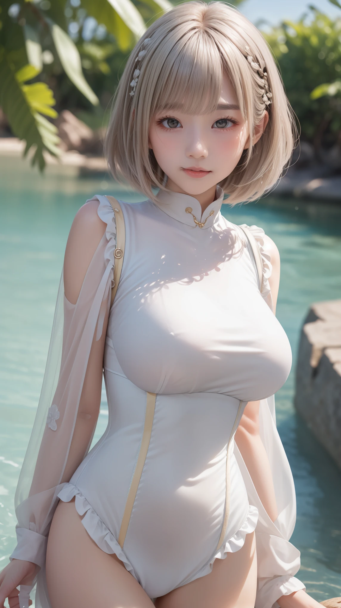 reflected light、Platinum blonde hair with dazzling highlights、Shiny Hair、Super long, Silky straight hair、Beautiful shiny bangs、bright, clear, charm, large blue 目、so beautiful, A cute and adorable 16 year old girl、((Baby Face))、Ample Bust、Beautiful detailed 目、 Beautiful and sophisticated nose,((whole body:1.5)),Eye-enhancing makeup、Royal Style、Comic book style、、Scattered beneath the surface of the water、Glamorous details、Nature background、Big beautiful breasts、Beautiful breast bag、((Cinematic))、Dramatic lighting、1 girl、((Bob Hair:1.3))、超Genuineな8K CG、絵に描いたようなperfectionな顔、perfection、clean、masterpiece、Professional artwork、 Famous works of art、perfectionな顔、Beautiful Face、Beautiful female body、Slender body line、Tight waist:1.2))、alone、(Immersive atmosphere、Claire Obscure:1.5、bright light:1.2、bright lighting)、(blush:0.5)、Captivating look、(Highly detailed eyes and face、Professional photography techniques)、Thin thighs、Small beautiful butt、Beautifully detailed backgrounds、Written boundary depth、Genuine:1.3、whole body、(Zhou Haoguang:1.3)、(Cinematic composition:1.3)、(puffy eyes:1.2)、(Slim legs)、(((((Underbust)))))、Under the chest、Oily skin、thin、Light blue hair、((bright灰色の髪))、(((Two-tone hair)))、Baby Face美少女、Slender women、Cute Woman、 8K Ultra HD、Delicate texture, Long Hair、Leather Suit、erotic、Ocean