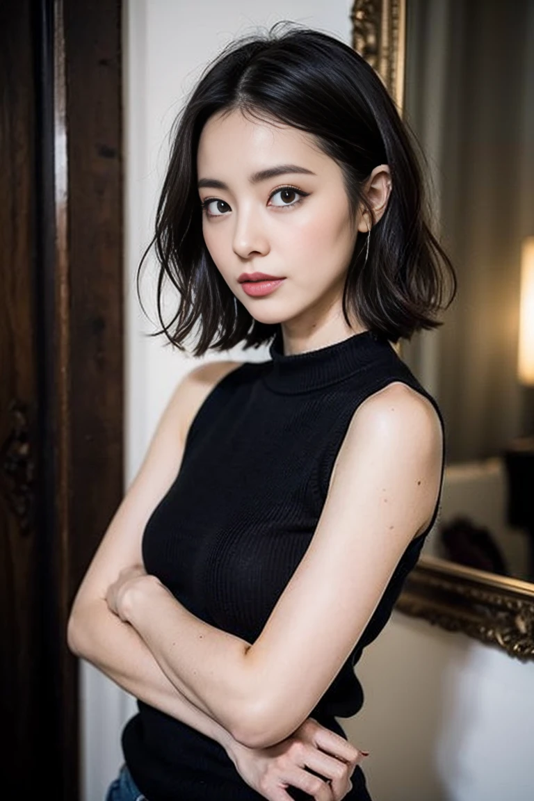 une femme sexy et mince, black short sleeve sweater , réaliste,