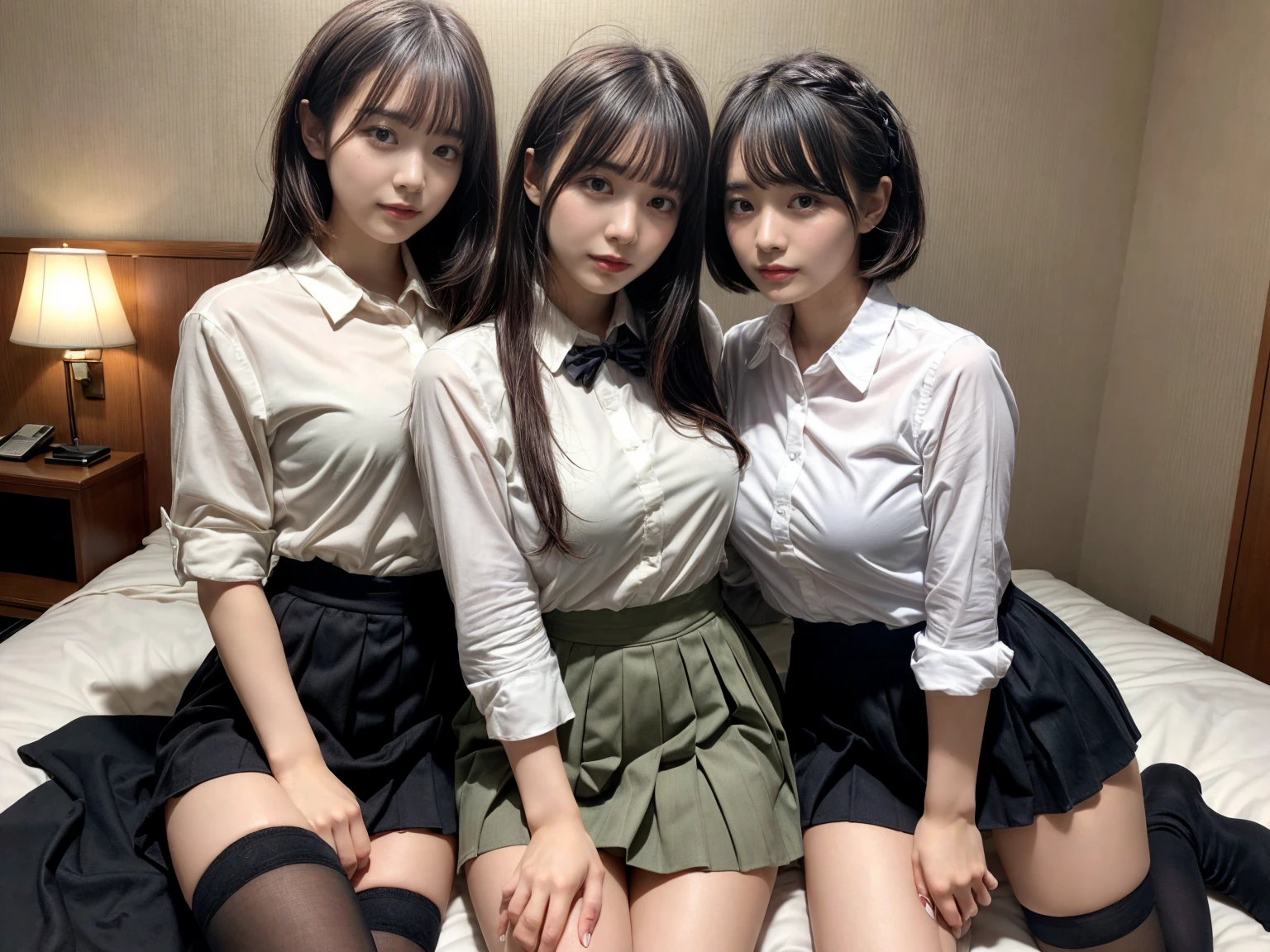 masterpiece, best quality, illustration, Super detailed, fine details, High resolution, 8K,wall paper, perfect dynamic composition,(Details High quality, realistic depiction of eyes:1.3), (3 girls), (collared shirt:1.1), pleated skirt, knee high socks, sitting, open legs, short bob hair, in a hotel room in the background, deep on field, large breasts, black hair color, Big Natural Color Lip, (perfect body shape), crying a little、Harajuku style、20 year old girl、cute type、beautiful legs, Gravure Idol