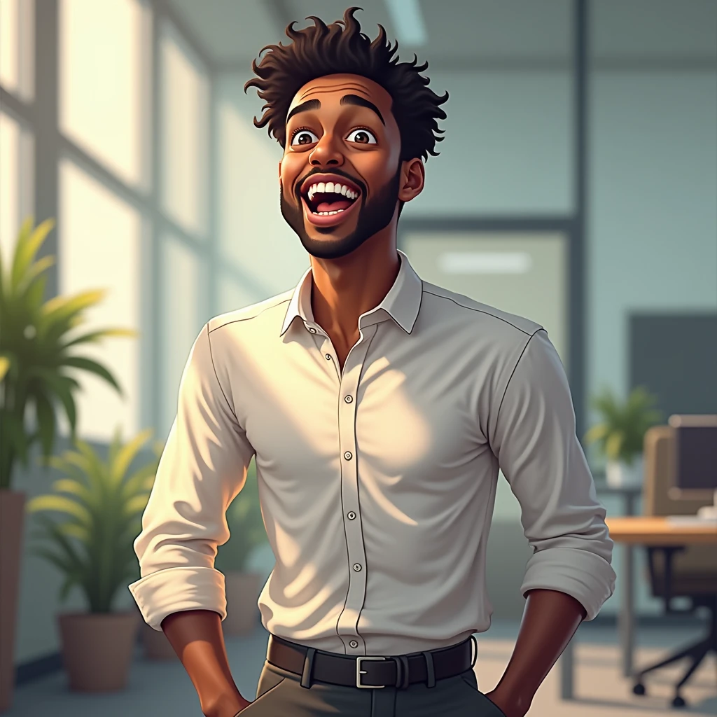 Image of an African-American male office worker resting, smiling and excited pose