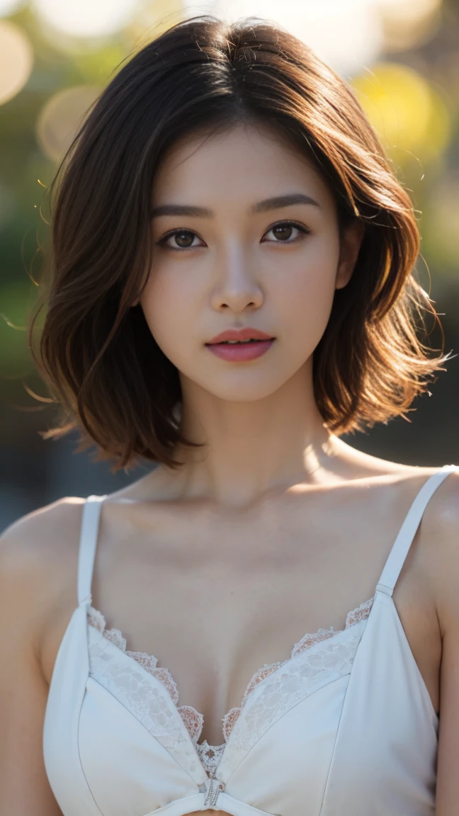 A girl holding a camera, mix4,(8k, RAW photos, best quality, working:1.2), (realistic, photo-realistic:1.37),1girl,cute,,night,rainy,wet,professional lighting, photon mapping, radiosity, Physically based rendering, gradient brown hair, short curly hair, handsome, feminine, white ball collection, excellent image quality, high resolution, 1080p, (clear face), (detailed face description), (detailed hand description), (masterpiece) , (exquisite CG), extreme light and shadow, messy hair, masterpiece, rich details, (exquisite facial features), (highest image quality), (masterpiece), (detailed eyes), look forward to your eyes, your delicate collarbones, your red striped bra
