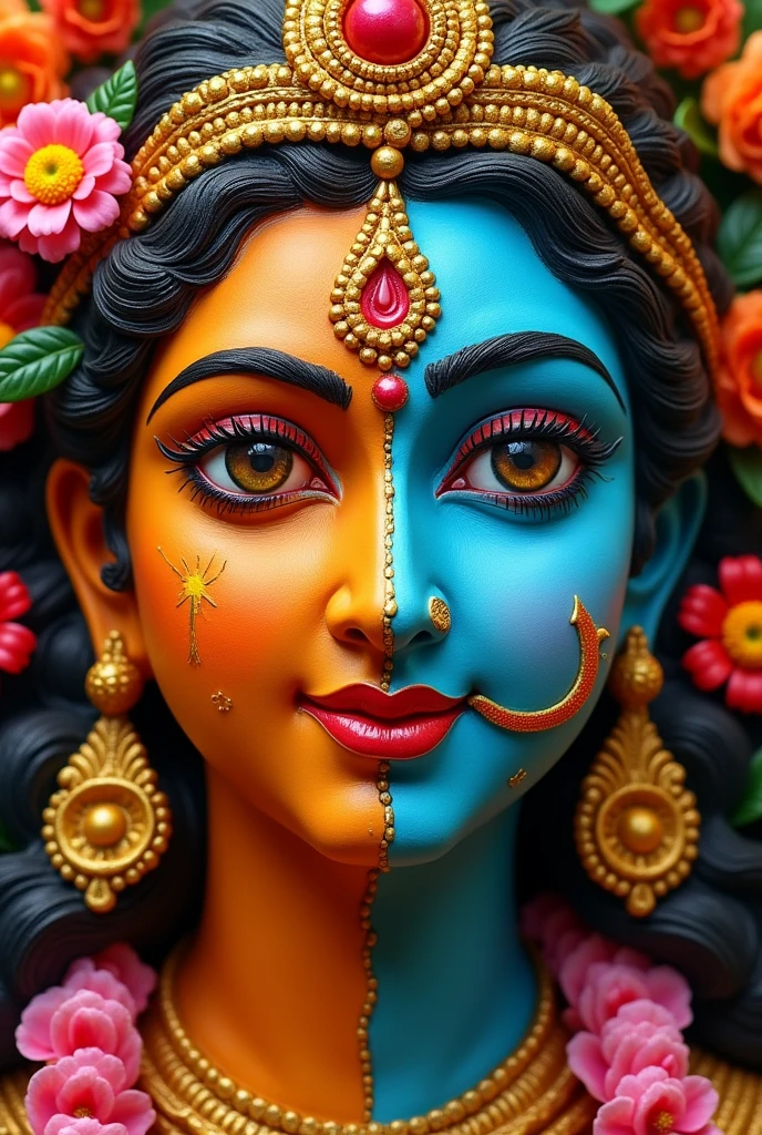 A shivaling on which ardhnarishwar (mata parvati face on the left side and shiv ji face on the right side)eyes nose and lips are made with clay and decorated side by flowers