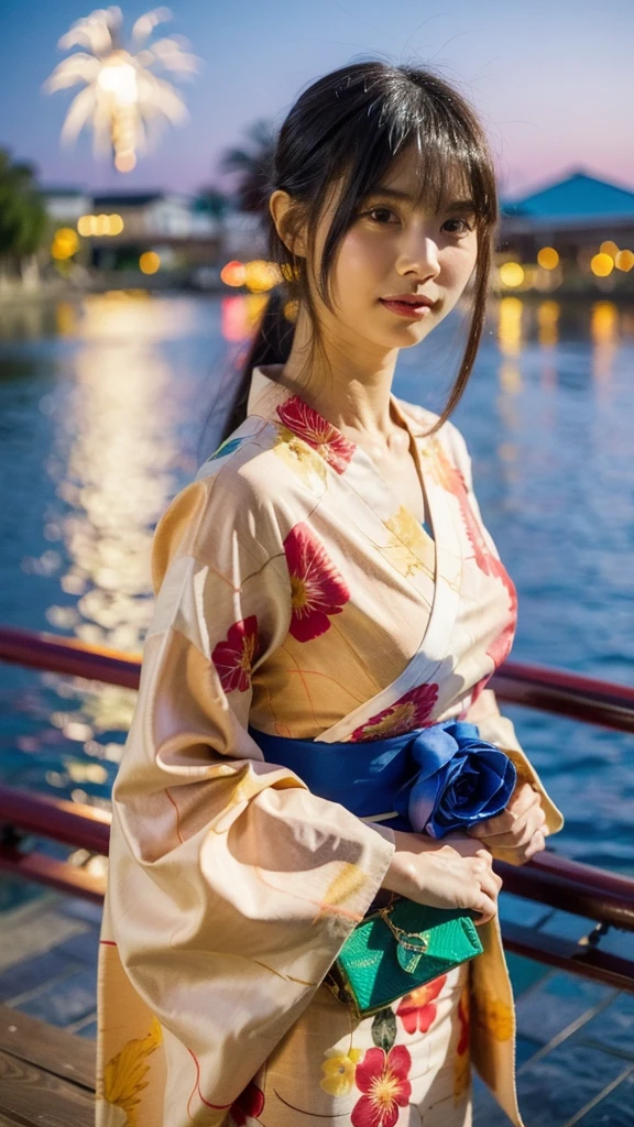 Masterpiece, best quality, ultra high resolution, hyper realistic, realistic, (photorealistic:1.4), masterpiece of analog film photograph a girl, long black hair, blunt bangs, taken by Hideaki Hamada using Pentax 67II and Kodak Portra, standing by a riverside at night, watching fireworks, She is dressed in a traditional, elegant yukata with a floral pattern and an obi sash, The background shows colorful fireworks lighting up the night sky, reflections on the water, and people in the background enjoying the festival, High-resolution, realistic depiction, with a touch of elegance and allure