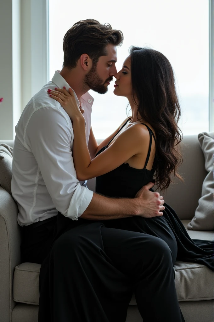 "Je veux une image qui se déroule dans une pièce au ton blanc. Un homme beau et musclé, aux cheveux marron foncé très courts et aux yeux marrons, est assis de profil sur un canapé gris. Il porte une chemise blanche et un pantalon noir. Face à lui, une femme est assise à califourchon sur ses genoux. Elle a de longs cheveux noirs, des yeux bleus perçants, et porte une robe noire. Ils se regardent intensément, leurs regards empreints de passion."