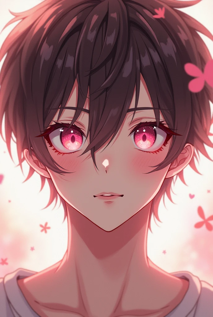 Anime beautiful pretty boy with messy brown hair and pink eyes and fair skin with long girly lashes