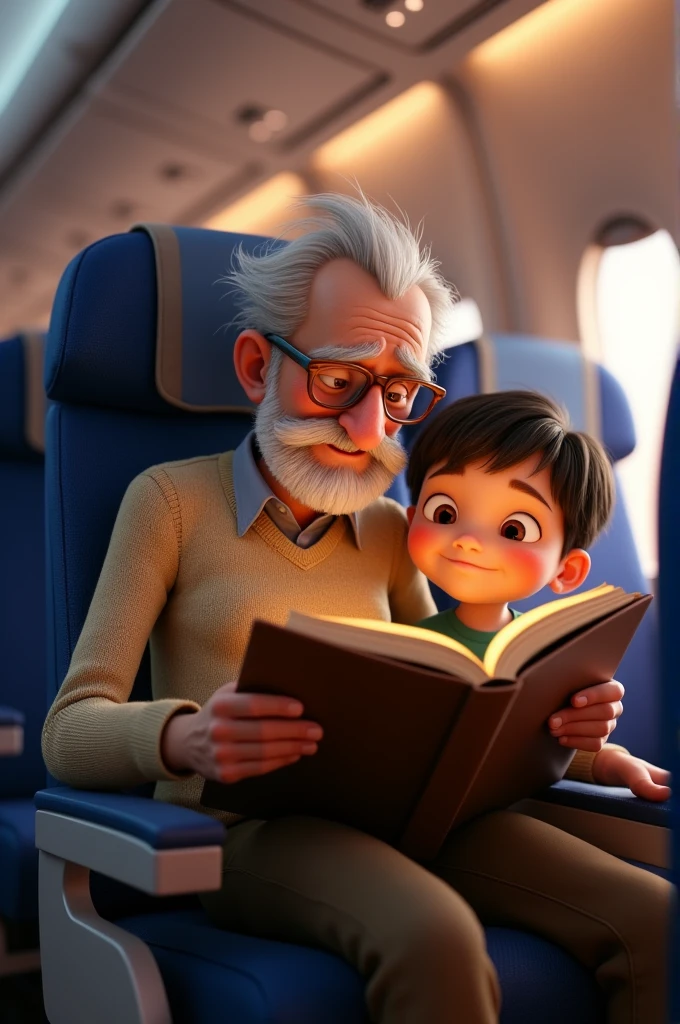 Old man character reading a book for a child in the airplane seat. Pixar style. 