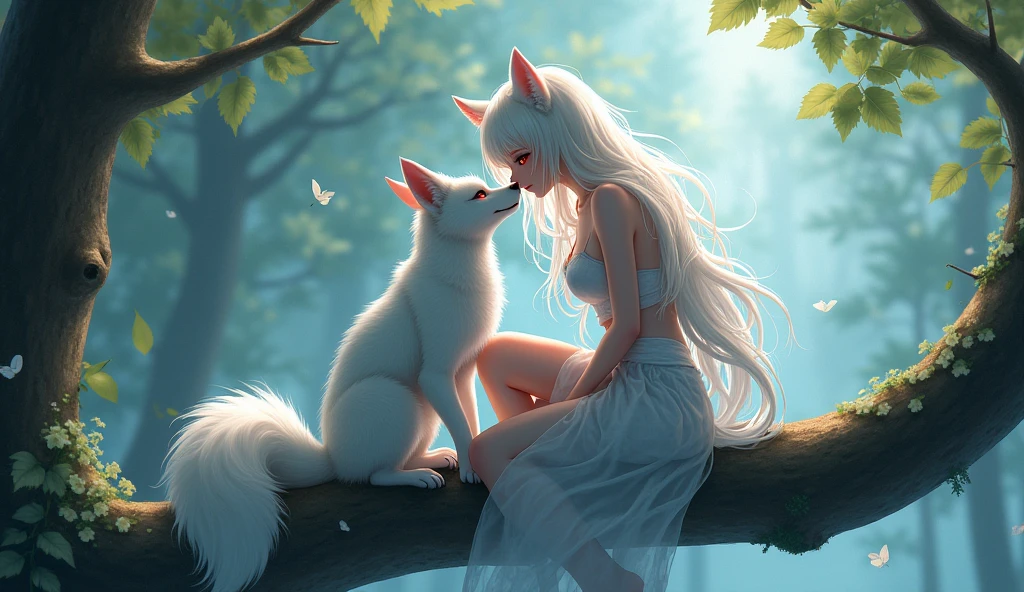 1girll,solo,(tmasterpiece:1.2),beautifuldetails,Extremely colorful,Exquisite details,s delicate face,eyes with brightness,The details are complex,Realiy,Ultra photo realsisim,A very beautiful girl and a white-haired fox sitting on a branch:1.1,Large breasts,Raised sexy,seductiv,ethereal fox,nine tail fox,Fox three-tailed fox,Onmyoji detailed art,Nine tails,A beautiful artwork illustration,mythological creatures,red fox,Beautiful digital artwork,Exquisite digital illustration,mizutsune , Inspired by the mythical creature wildnet,Digital art on Pixiv,strong lights,hight contrast,Horror movie theme,dark atmosphere,The art of fine arts,Perfect visual composition。nsfw, huge boob