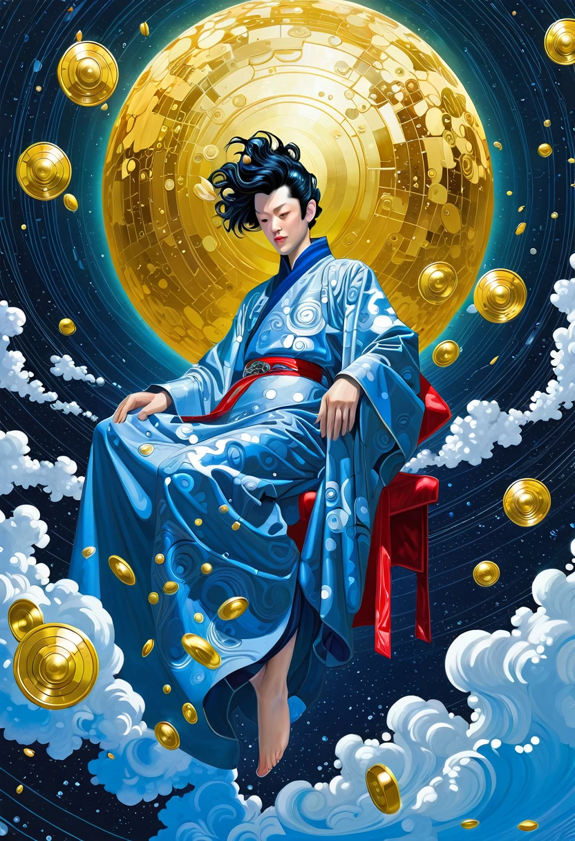 Satellite, lord of mystery, Suzuki, money rain, marketing poster, concept art, digital painting, oil painting, hyperrealistic, beautiful, highly detailed, artstation, CGSociety, by Bandai Namco artist, background by James Jean and Gustav Klimt