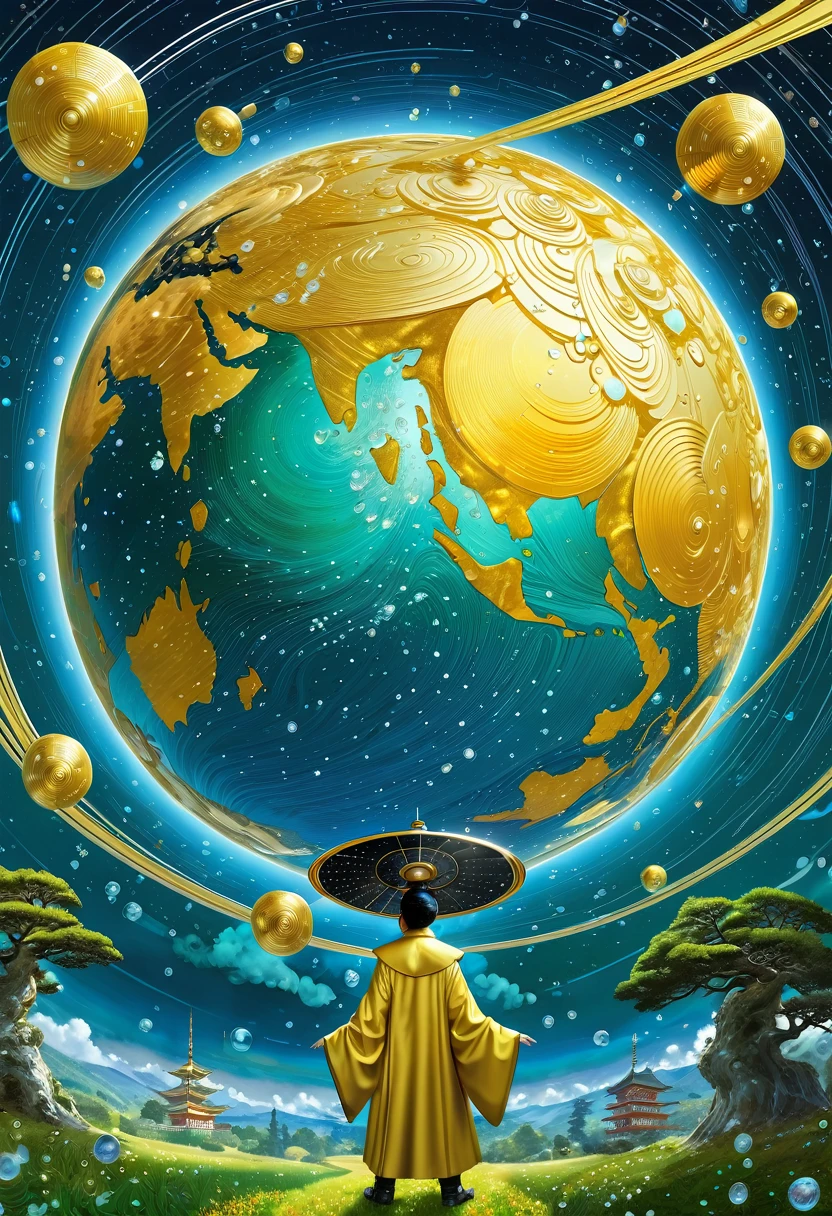 Satellite, lord of mystery, Suzuki, money rain, marketing poster, concept art, digital painting, oil painting, hyperrealistic, beautiful, highly detailed, artstation, CGSociety, by Bandai Namco artist, background by James Jean and Gustav Klimt