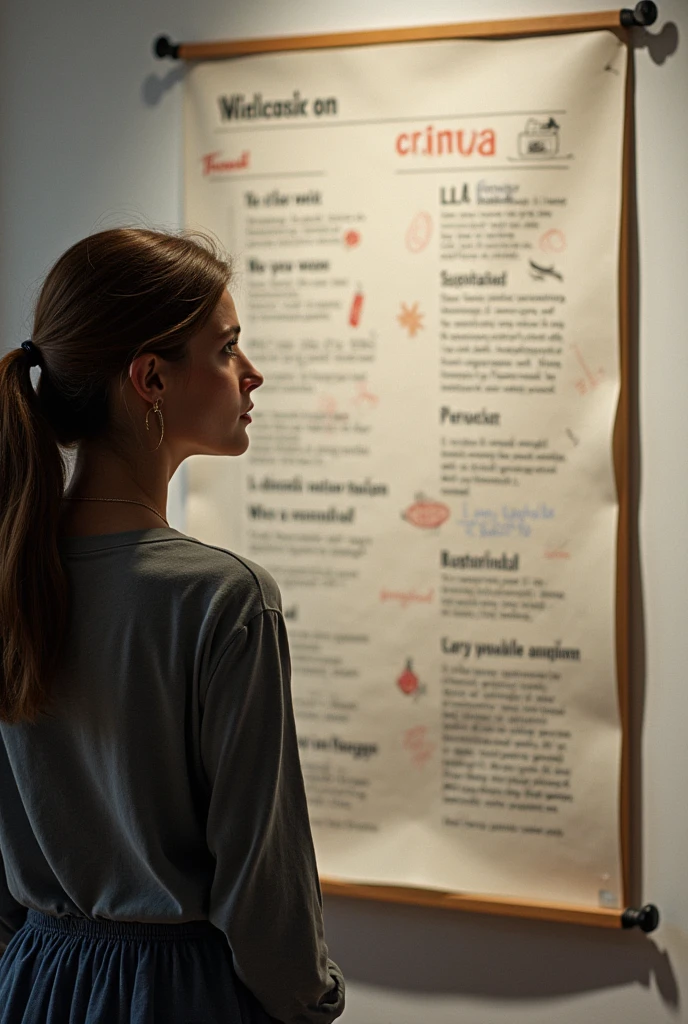 realistic photo, detailed photo, 1 woman, look at the viewer:1.1, ( large poster has words sentences and design drawing on it, large poster in front of the woman,)
