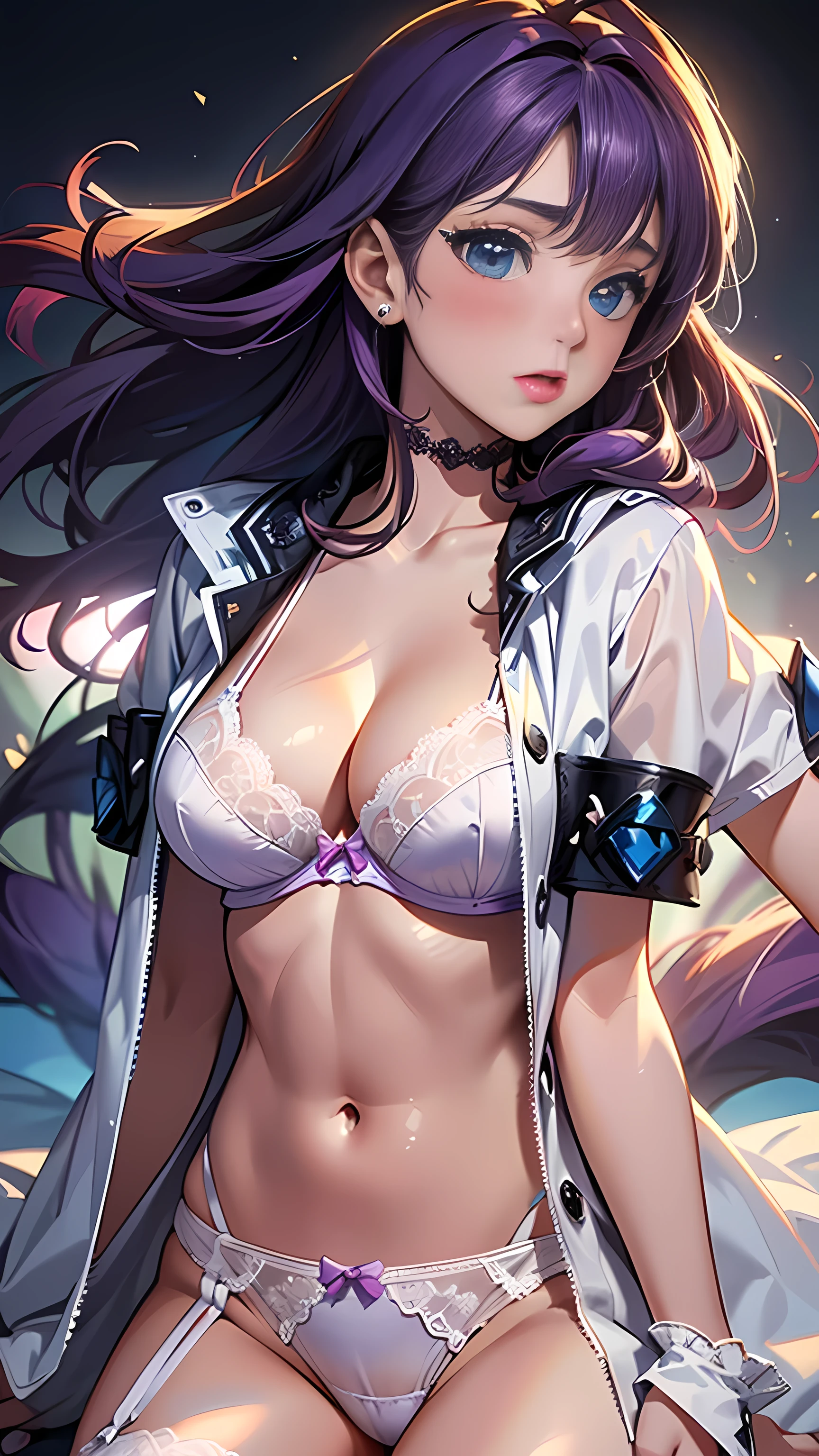 ((Best quality, detailed background,depth of field, volumetric lighting, sharp focus, Absurd, ultra-detailed), 1 girl ((beautiful,21s, big breasts, saori kido, purple long hair, blue eyes, blushing)), wearing white lingerie ( lace bra, lace panties, lace stockings)