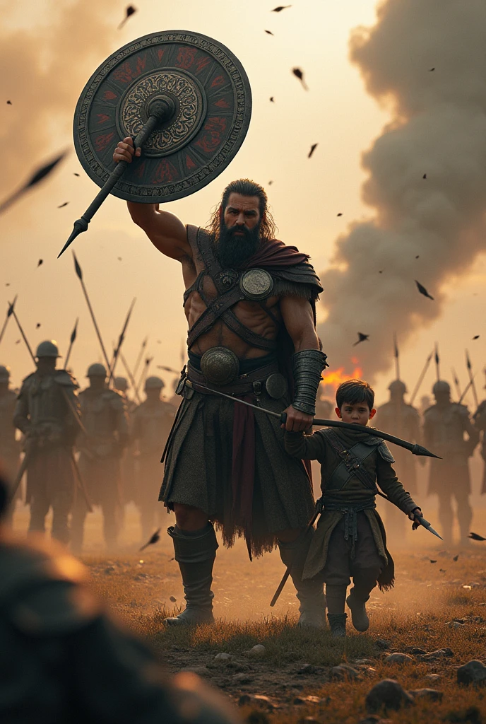 Image of a father protecting his son with a shield from flying arrows
