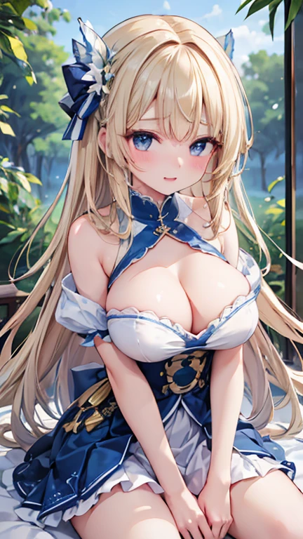 ((Highest quality、High resolution))、Portraiture、Beautiful woman、Perfect body、Beautiful and bountiful breasts、long blond、bangs、Blue and white、Embellished blue sexy dress、skirt、Sexually excited expression、I'm inviting you to have sex、Outdoor Scenery
