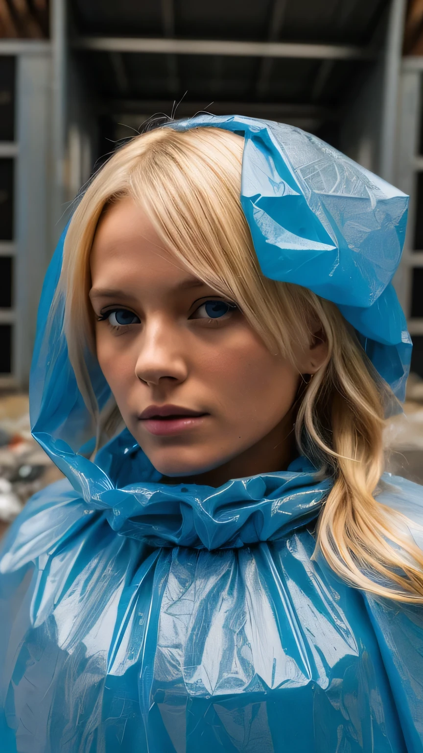 a stunningly beautiful blond woman completely wrapped up from head to toe in blue plastic garbage bags printed with the words "I AM TRASH " is tightly tied up with rope wrapped around her like a helpless human package, she is completely covered with plastic, forced against her will, bright day, extremely photorealistic photo, highly detailed photo, portrait