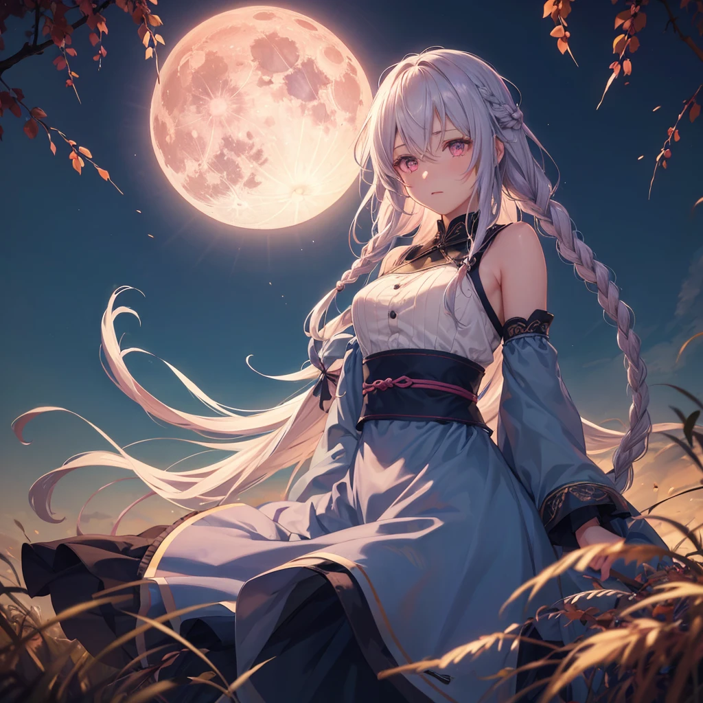 (Sky blue braided medium length hair), (Pink eyes),(Fair skin) ,(whole body),(One Girl),(harvest moon),(Miscanthus sinensis in the background),autumn,(full moon),(masterpiece, Highest quality, Very detailed, Best Shadow), (Detailed Background), (Beautifully detailed face), High Contrast, (Best lighting, Very delicate and beautiful), ((Cinematic Light)), Hyper Detail,8k, Dramatic Light,