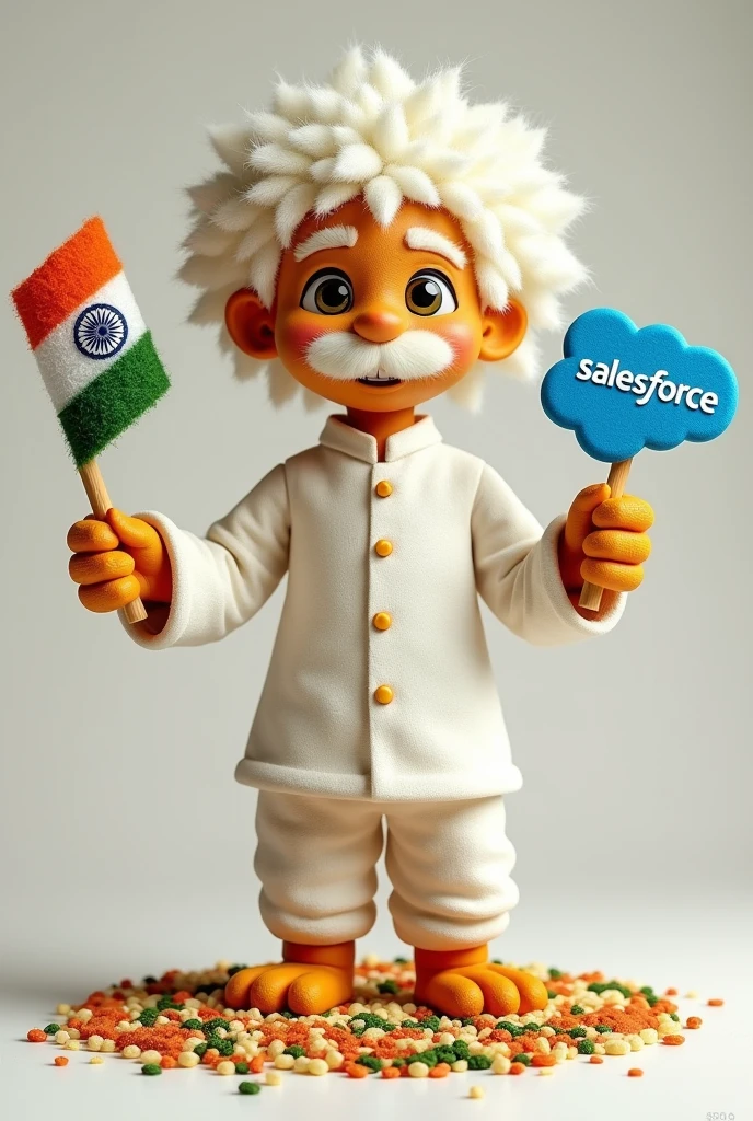 Salesforce Einstein mascot with white kurta and India flag in hand and Salesforce symbol in hand with eco-friendly materials rava and colored rice