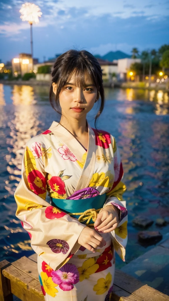 Masterpiece, best quality, ultra high resolution, hyper realistic, realistic, (photorealistic:1.4), masterpiece of analog film photograph a girl, long black hair, blunt bangs, taken by Hideaki Hamada using Pentax 67II and Kodak Portra, standing by a riverside at night, watching fireworks, She is dressed in a traditional, elegant yukata with a floral pattern and an obi sash, The background shows colorful fireworks lighting up the night sky, reflections on the water, and people in the background enjoying the festival, High-resolution, realistic depiction, with a touch of elegance and allure