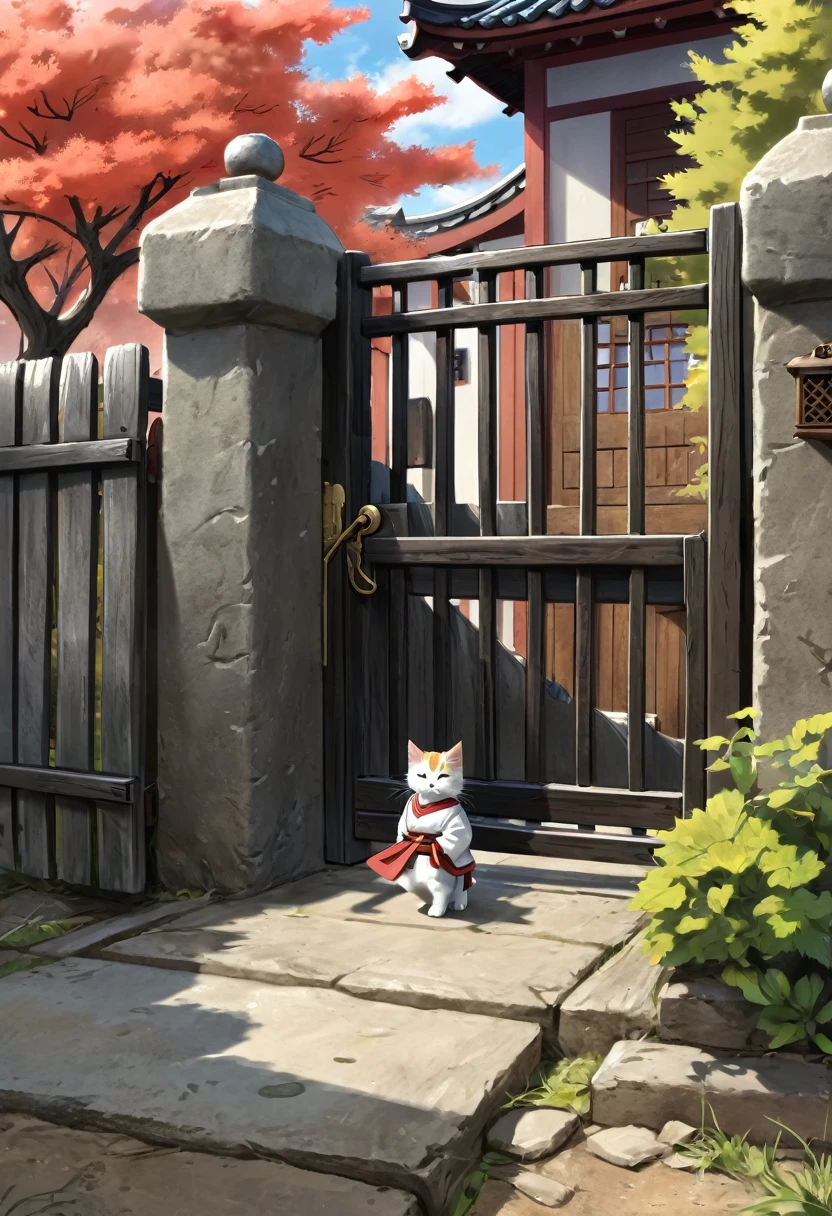 (drawing:1.3),Samurai cat, battlefield, (Animation Art), 2D, Colored, Mother cat goes to work、A kitten sees off at the gate of the house