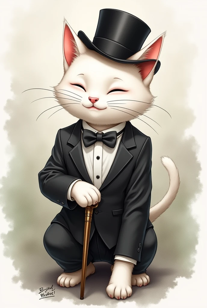 White cat silk hat A bow tie anime Watercolor sit Black Suit smile Cane gentleman Deformation