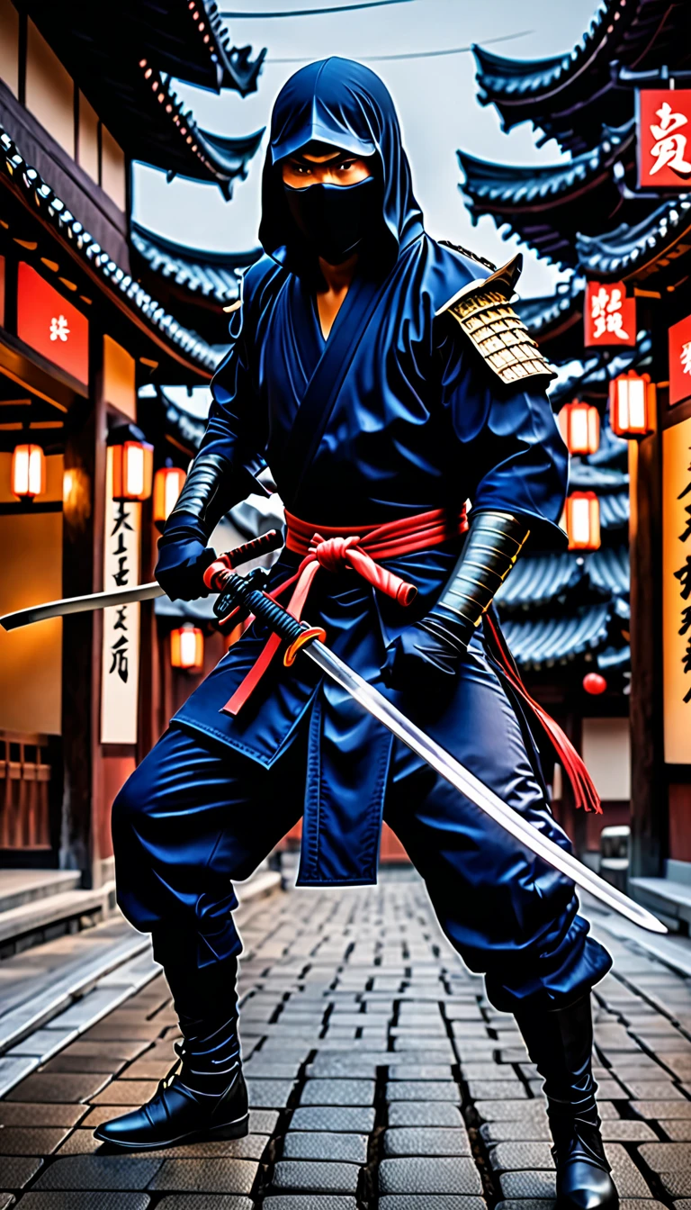 work of art, best quality, hired, 1 man, Stand alone., Stand alone. focus, Japanese man wearing dark blue Ninja suit, Use a katana, Ninja, city scenery, Realistic, modern, complicated details, very detailed, cinema, Edge Light, atmosphere of danger, cowboy shoot