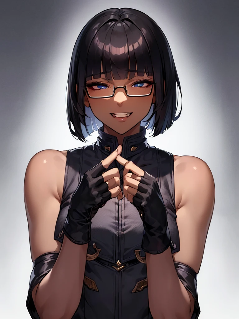 (flat chest), (masterpiece:1.2), highest quality, High resolution, unity 8k wallpaper, (fine and beautiful eyes:1.6), highly detailed face, perfect lighting, Detailed CG, (perfect hands, perfect anatomy:1.3), (1 femmale:1.4), (20 years old femmale:1.4),( black hair:1.3), extremely beautiful detailfeminine face and eyes, (evil smile:1.3), detailed eyes, best quality,( dark skin:1.8), extremely detailed, very precise detailed,(glasses:1.3), (blunt bangs:1.3), open mouth, (very short hair:1.4),(fingerless gloves:1.5), (half closed eyes:1.5),army uniform