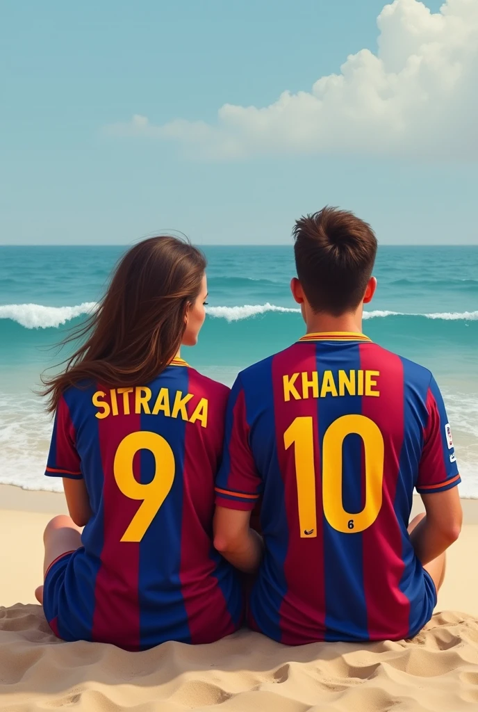 Un couple portant de maillots de Barcelone chacu'un , celui de la femme écrit sitraka , numéro 9et celui de l'homme khenie, numéro 10. Vue de derrière . Dans la plage ise